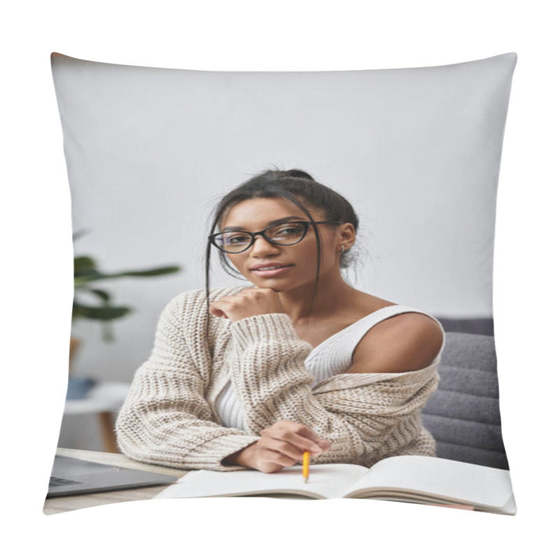 Personality  A Young Woman In Comfortable Clothing Studies Intently From Her Home, Surrounded By Greenery. Pillow Covers