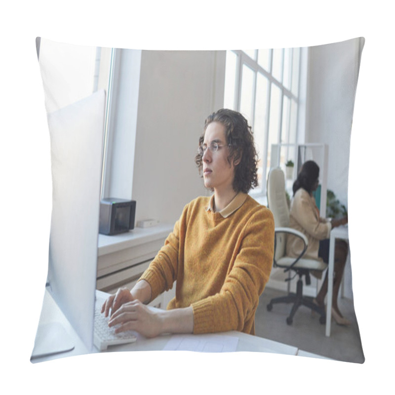 Personality  Side View Portrait Of Young Software Developer Using Computer While Working At Desk In White Office Interior, Copy Space Pillow Covers