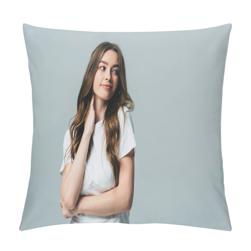 Personality  Beautiful Smiling Girl In White T-shirt Looking Away Isolated On Grey Pillow Covers