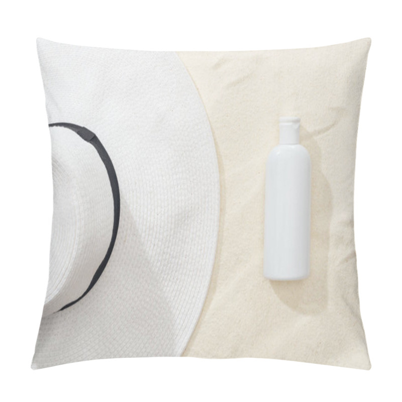 Personality  Top View Of White Sunscreen Lotion And Straw Hat On Sand Pillow Covers