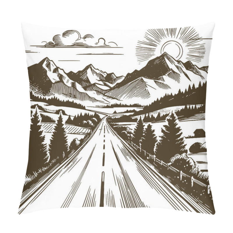 Personality  Mountain Landscape With Road In Detailed Line Art Style Pillow Covers