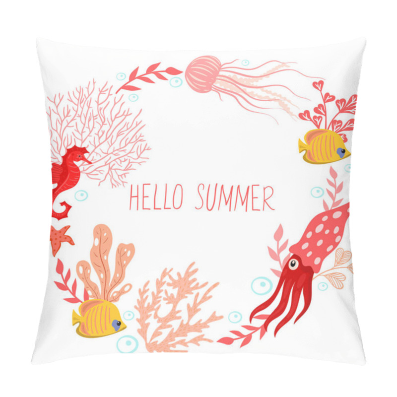 Personality  Round Frame With Underwater Animals And The Inscription Hello Summer Isolate On A White Background. Vector Image. Pillow Covers