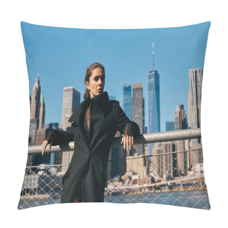 Personality  A Woman In A Black Coat Poses Against The New York City Skyline. Pillow Covers