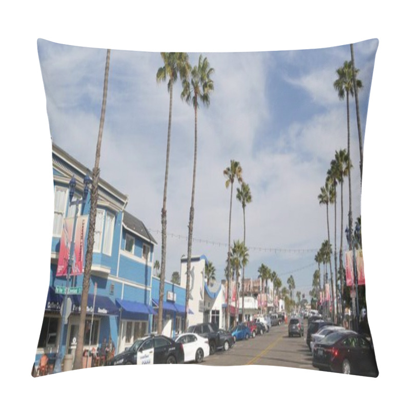 Personality  Oceanside, California USA - 27 Jan 2020: Police Sheriff Car, Pier View Coffee Cafe. Palm Trees On Typical American Street, Pacific Coast Tropical Resort. Auto Transport On Road, Generic View Of City. Pillow Covers