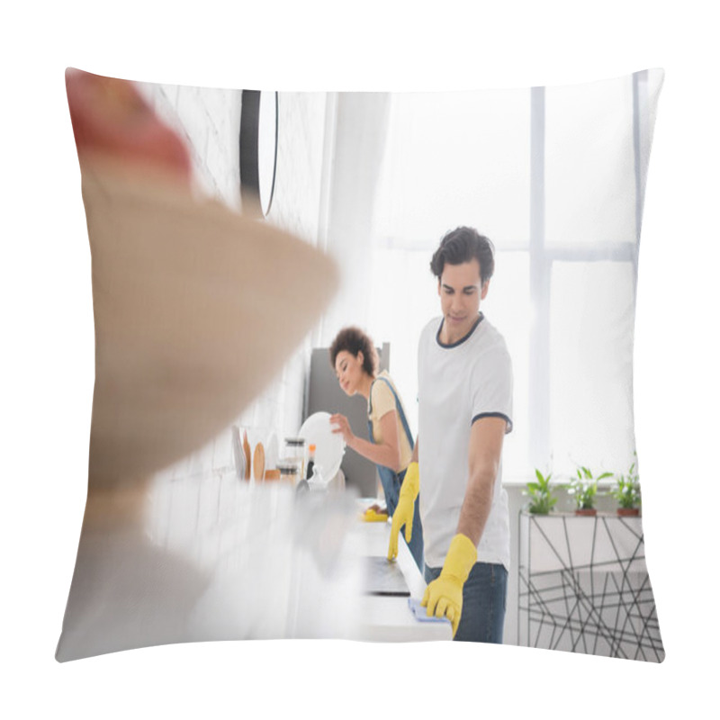 Personality  Young Man Cleaning Kitchen Cabinet With Rag Near Curly African American Woman In Kitchen  Pillow Covers