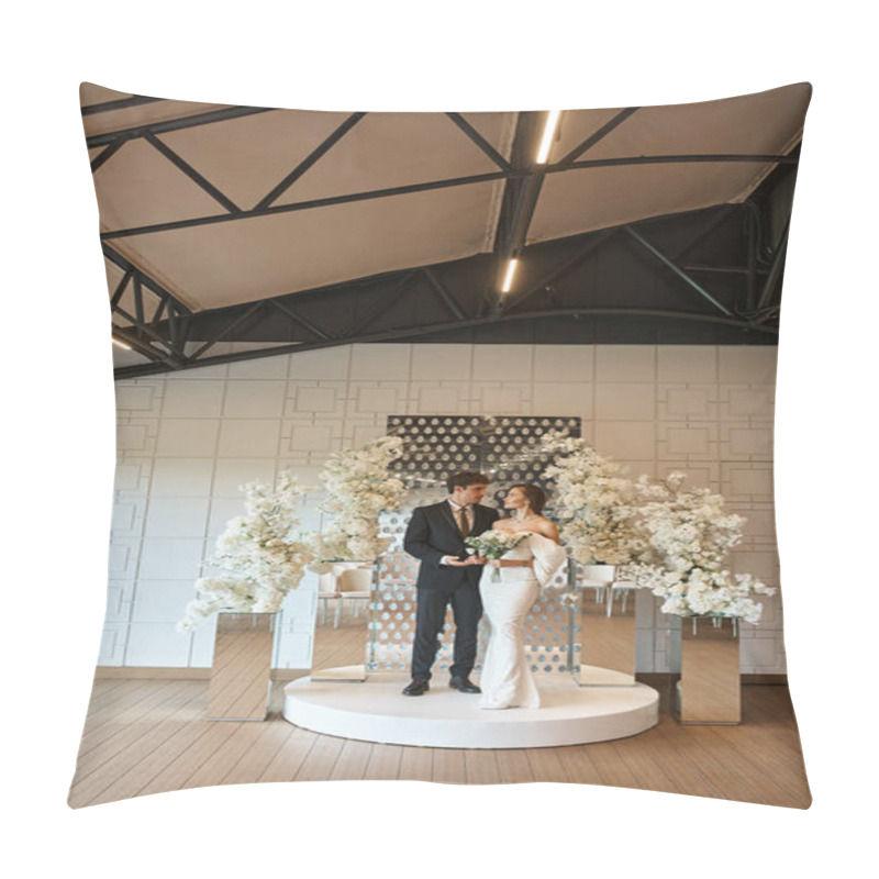 Personality  Full Length Of Elegant Newlywed Couple In Wedding Venue Decorated With White Blooming Flowers Pillow Covers