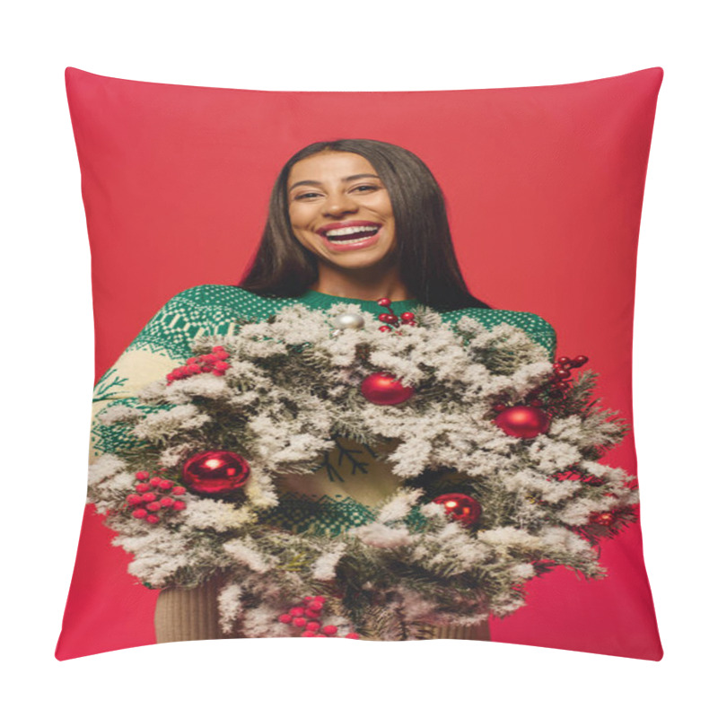 Personality  A Smiling Woman Showcases A Beautifully Decorated Christmas Wreath With Holiday Cheer. Pillow Covers