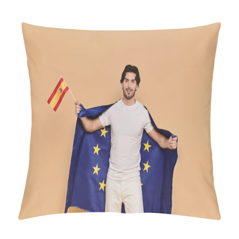 Personality  Handsome Young Man Holds The Spanish Flag While Wrapped In The European Union Flag, Exuding Joy. Pillow Covers