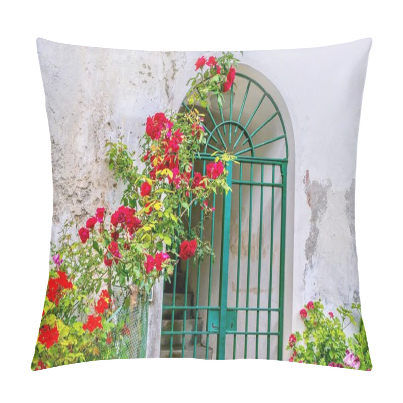 Personality  Summer In Italy, With A Street View Of An Arched Entryway With An Iron Gate, Set In An Old, Cracked, Pitted Wall, Along With An Ornamental Garden Of Colorful Roses, Geraniums, And Pansies. Pillow Covers