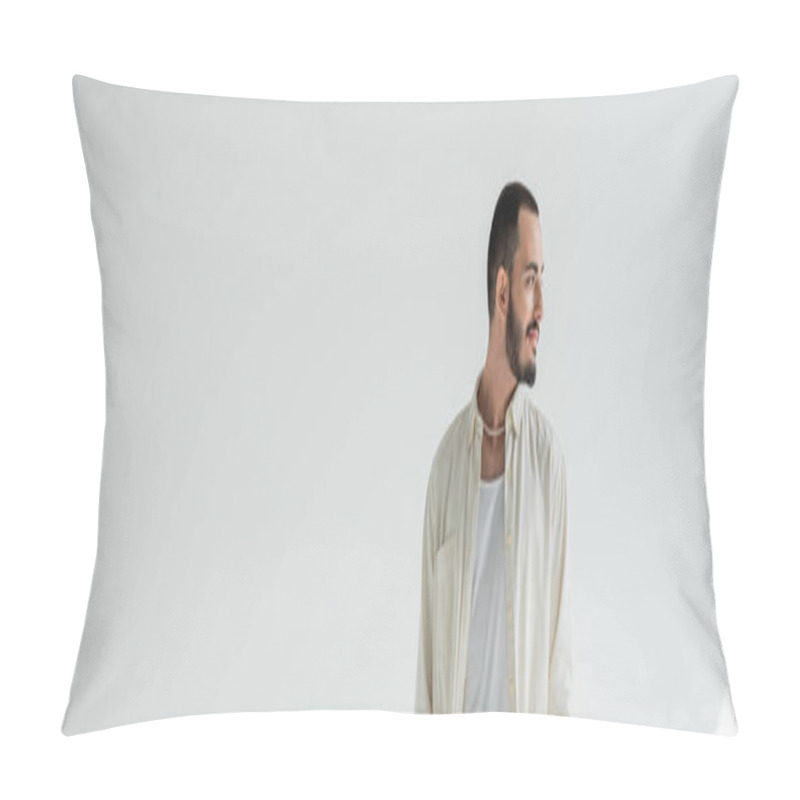 Personality  Smiling And Young Bearded Gay Man In Casual Clothes And Trendy Pearl Necklace Looking Away While Standing On Grey Background, Banner  Pillow Covers