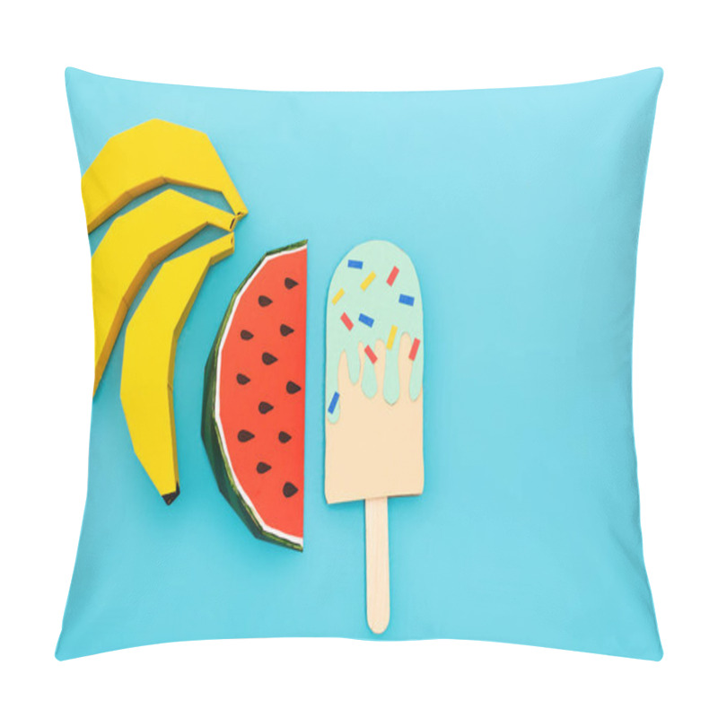 Personality  Top View Of Paper Watermelon, Bananas And Ice Cream With Sprinkles On Blue Background Pillow Covers