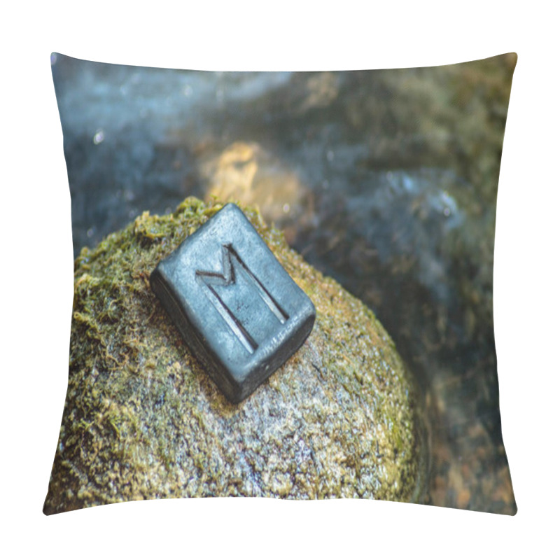 Personality  Norse Rune Ewaz On The Stone And The Evening River Background. Air, Thinking, Speed, Successful Air Flights. Meditation, Enlightenment. The Rune Is Associated With The Eight-legged Horse Of Odin Sleipnir Pillow Covers