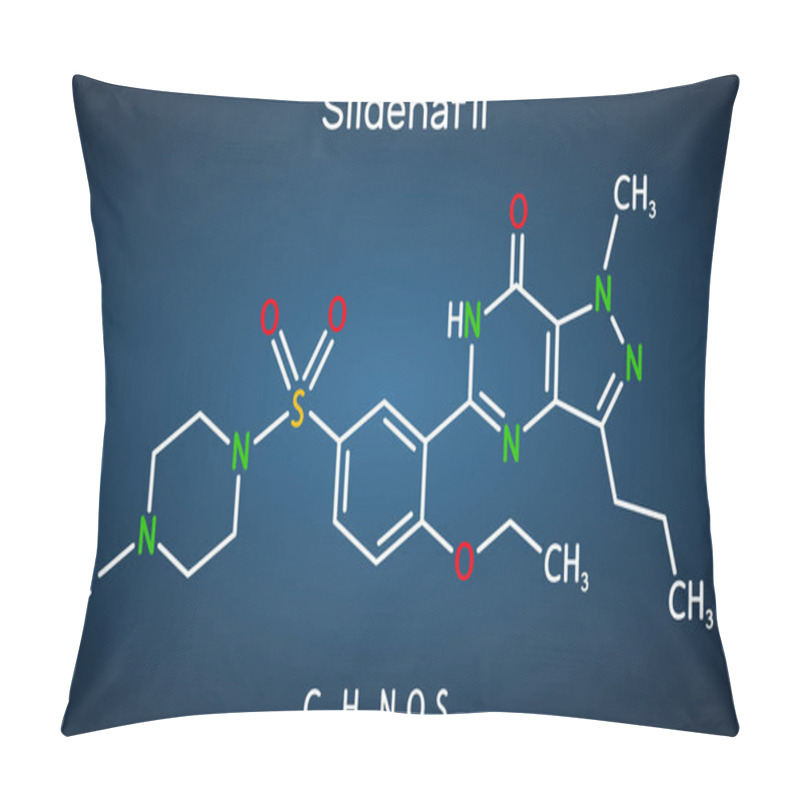 Personality  Sildenafil Molecule. It Is Drug For The Treatment Of Erectile Dysfunction. Structural Chemical Formula On The Dark Blue Background. Vector Illustration Pillow Covers