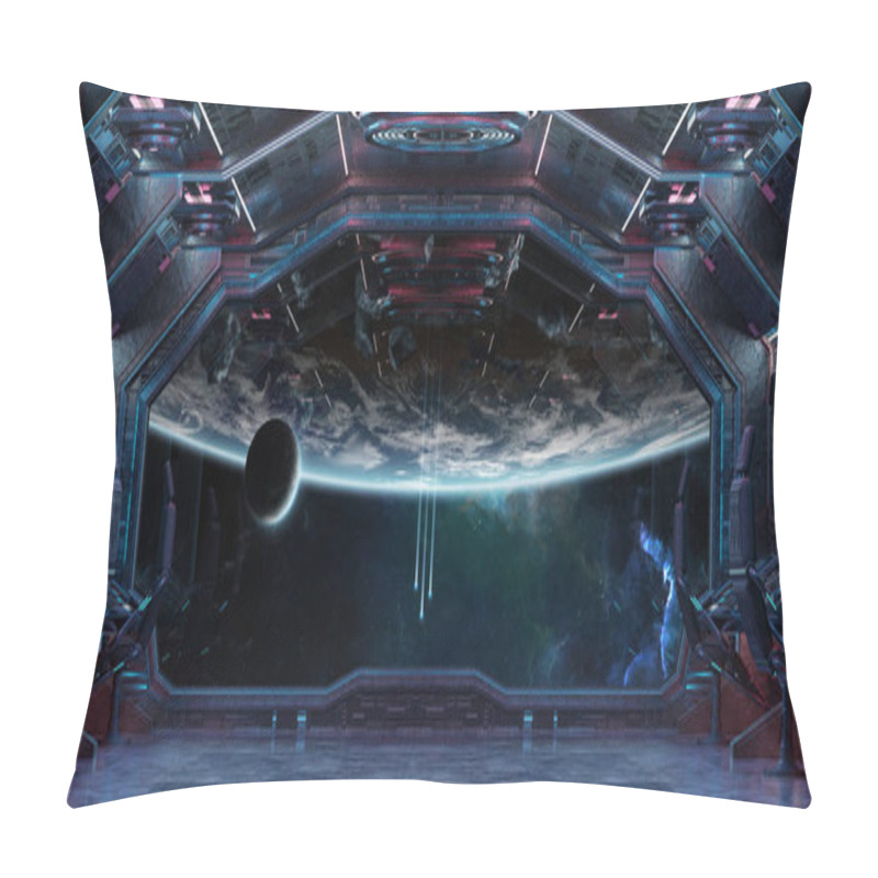 Personality  Grunge Spaceship Blue And Pink Interior With View On Planet Earth 3D Rendering Elements Of This Image Furnished By NASA Pillow Covers