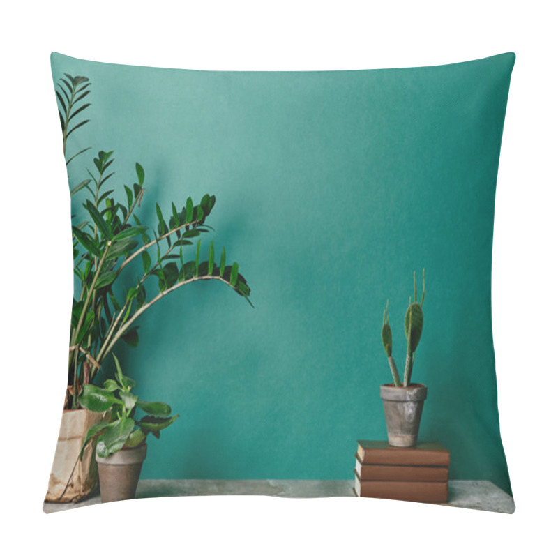 Personality  Various Plants In Pots And Books On Green Background Pillow Covers