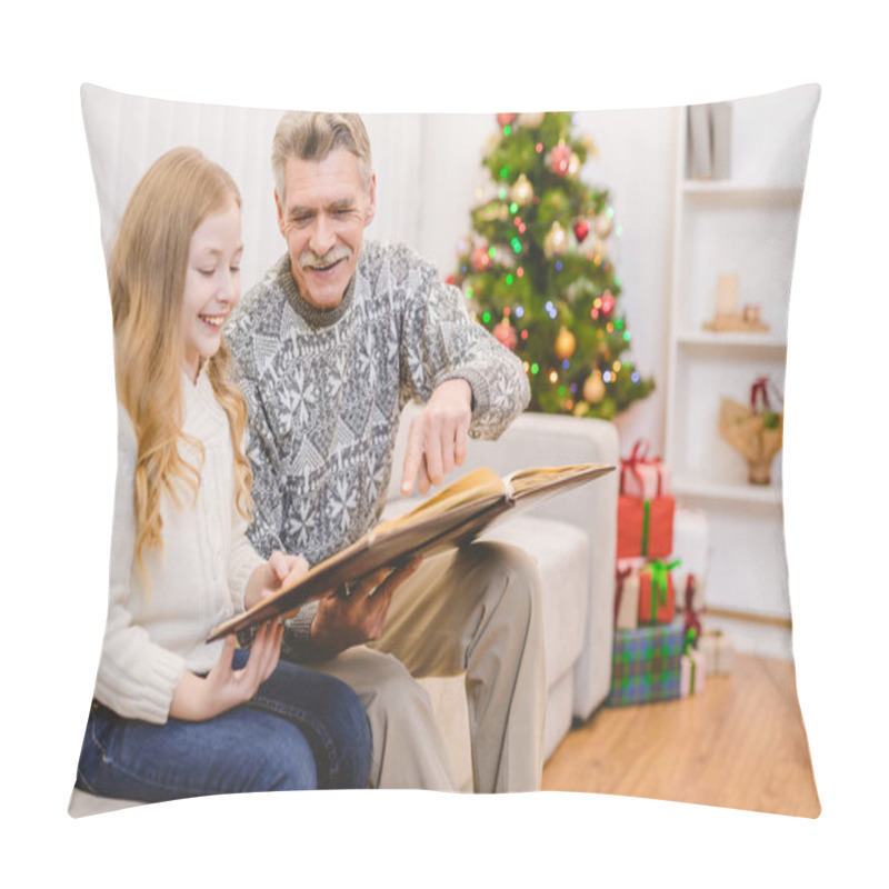 Personality  The Girl With A Grandfather Look To The Photo Album Near The Christmas Tree Pillow Covers