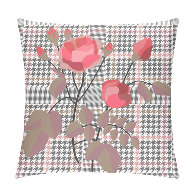 Personality  Retro Style Checkered  Print With Embroidered Roses. Seamless Hounds Tooth Pattern With Victorian Motifs.  Pillow Covers