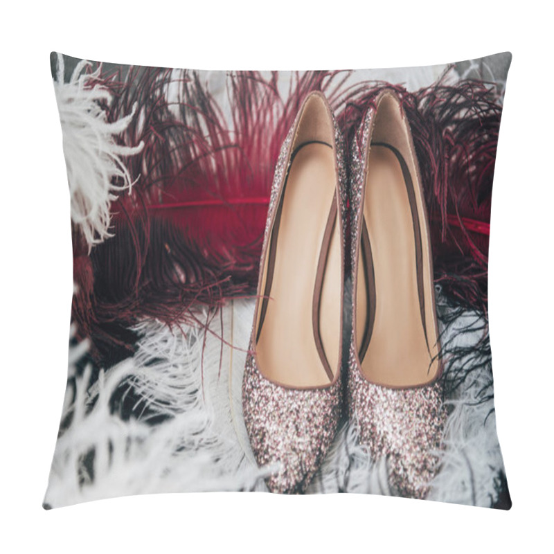 Personality  Close Up View Of Bridal Shoes And Decorative Feathers For Rustic Wedding Pillow Covers