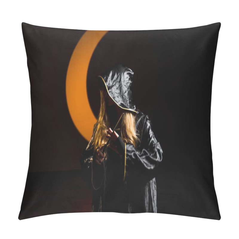 Personality  Mysterious Sorceress Casting Spells With A Wand Under An Enchanting Golden Light.Portrait Of A Witch With A Magic Wand On The Background Of The Moon. Concept Of Magic And Sorcery Pillow Covers