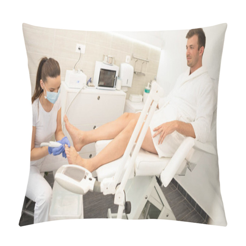 Personality  Podiatrist Using Special Grinding Equipment And Making Procedure Pillow Covers