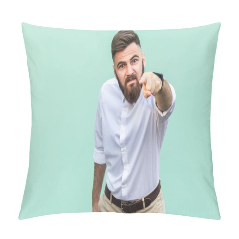 Personality  Angry Bearded Businessman With White Shirt Looking At Camera And Pointing Finger To You. Studio Shot Isolated On Light Green Background. Pillow Covers