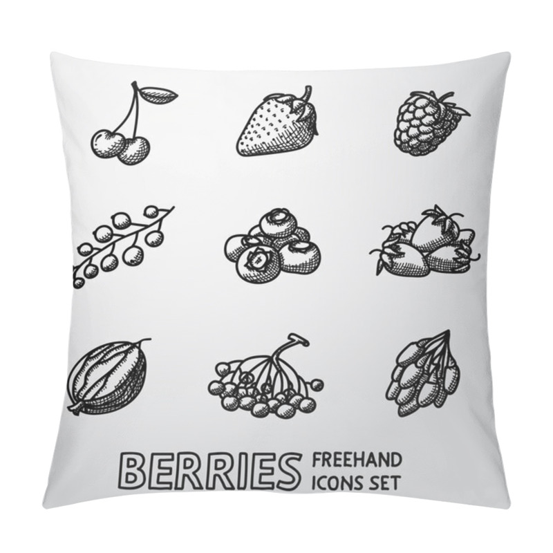 Personality  Set Of Freehand BERRIES Icons - Cherry, Strawberry, Raspberry, Currant, Blueberry, Gooseberry, Rowan, Goji. Vector Pillow Covers