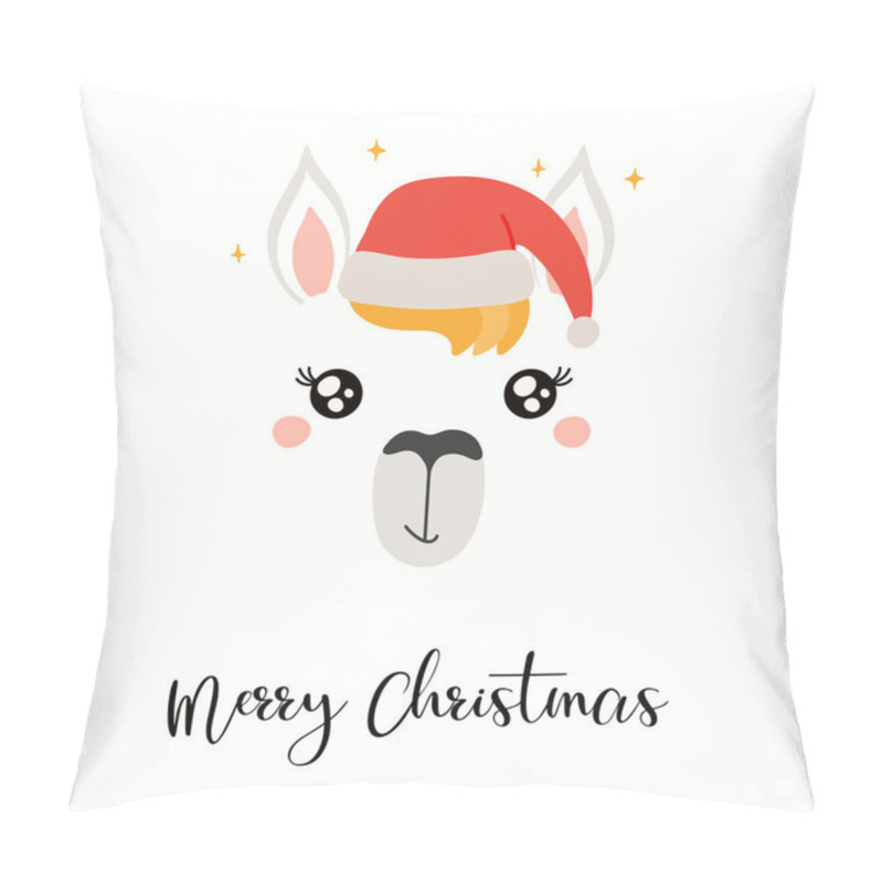 Personality  Hand Drawn Card With Cute Llama Face In Santa Claus Hat, Stars, Text Merry Christmas Isolated On White Background . Flat Style Design. Concept For Holiday Print Pillow Covers