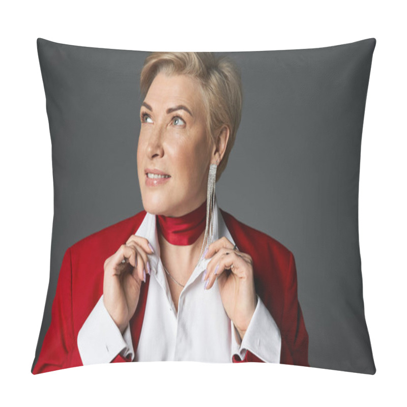 Personality  An Adult Woman In Sophisticated Attire Adjusts Her Collar With A Thoughtful Gaze, Exuding Elegance. Pillow Covers