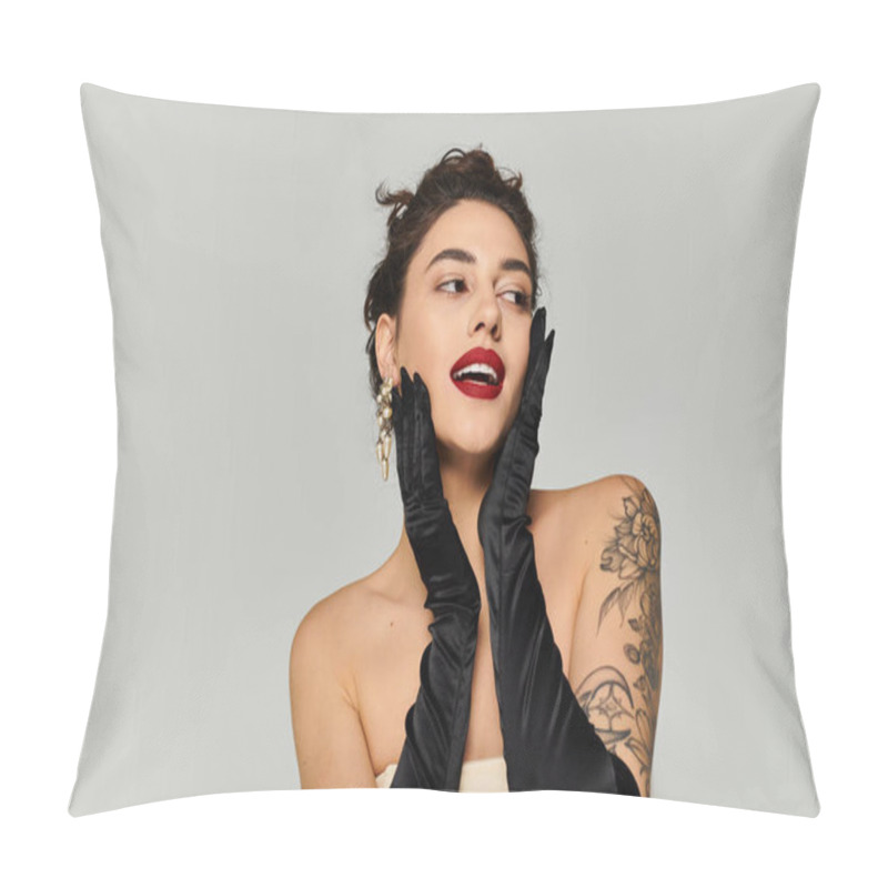 Personality  Woman With Tattoos Poses With Black Gloves And Bold Lipstick, Showcasing Elegance And Charm. Pillow Covers