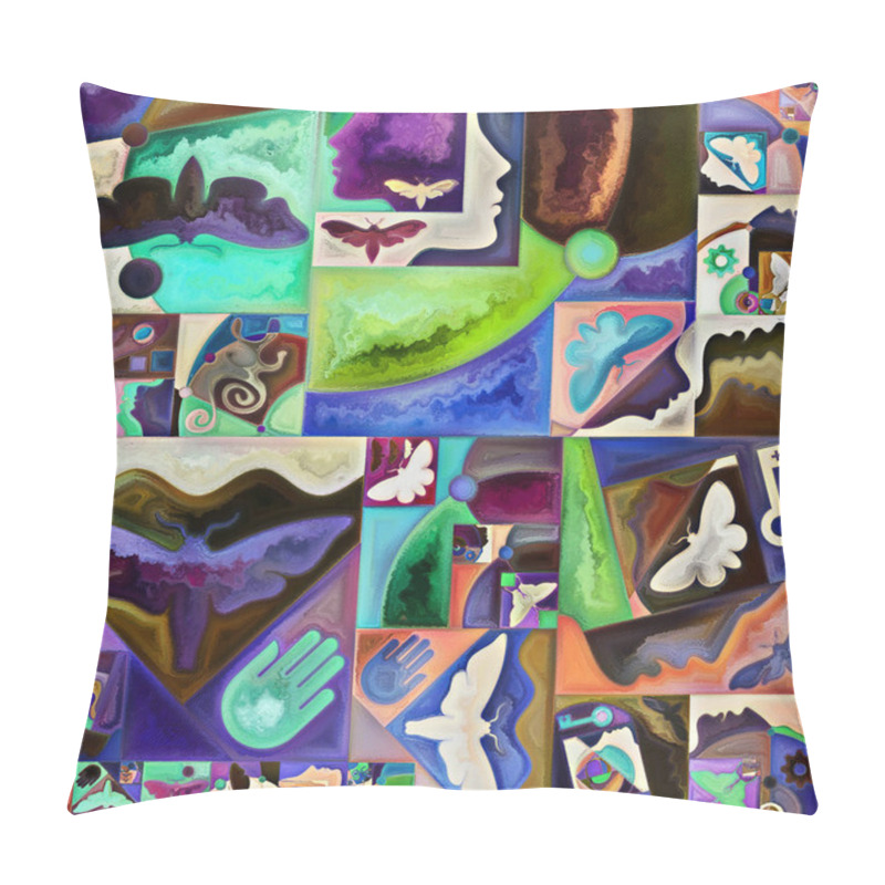 Personality  Exit Form. Secret Password Series. Abstract Background Made Of Human Silhouettes, Art Textures And Colors Interplay On The Theme Of Inner Life, Drama, Poetry And Perception Pillow Covers