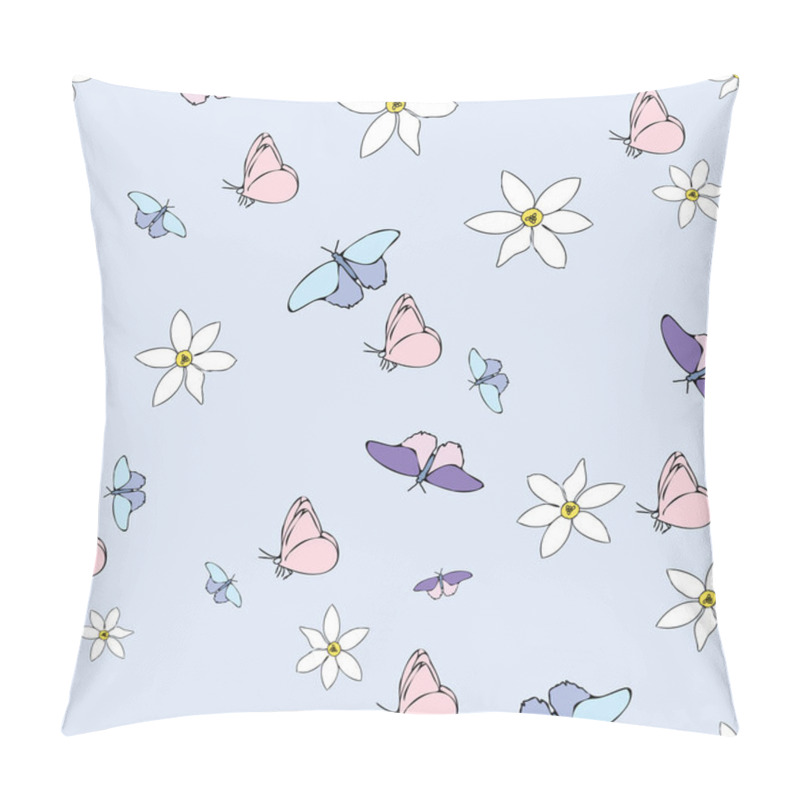 Personality  Vector Blue Background White Flowers Seamless Pattern. Lilies, Butteflies. Seamless Pattern Background Pillow Covers