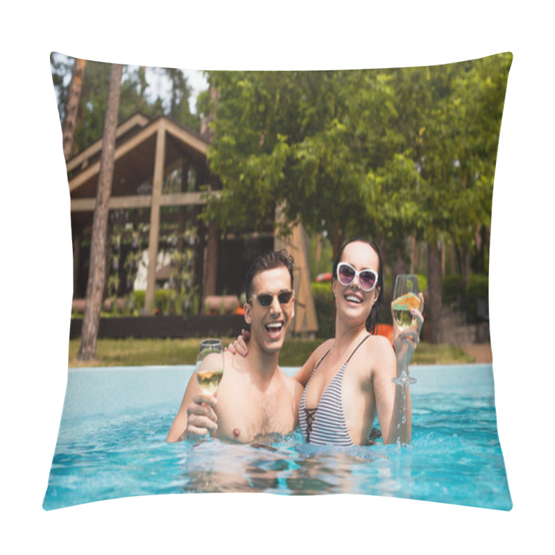 Personality  Young Couple Holding Glasses Of White Wine In Swimming Pool  Pillow Covers