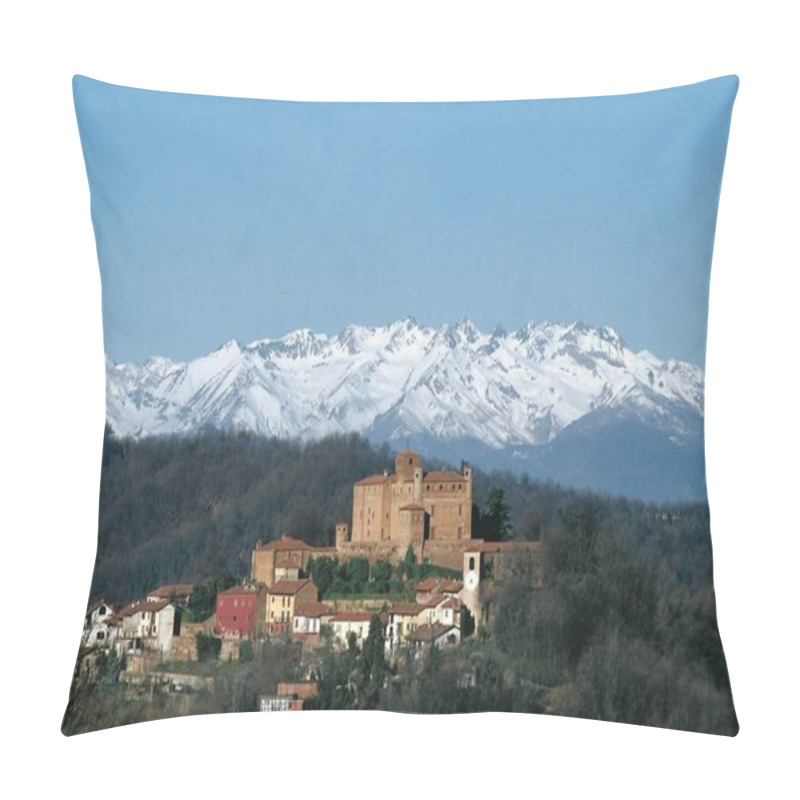 Personality  The Ancient Village Of Bardassano With Tower And Castle On The Hills Near Turin And The Alps In Piedmont Pillow Covers