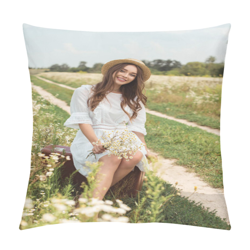 Personality  Smiling Woman In White Dress With Bouquet Of Wild Camomile Flowers Sitting On Retro Suitcase In Field Pillow Covers