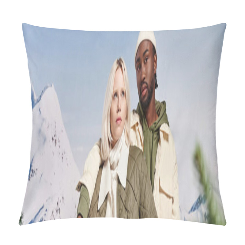 Personality  Young Stylish Duo In Warm Clothing Posing Together, Arm On Shoulder, Winter Concept, Banner Pillow Covers