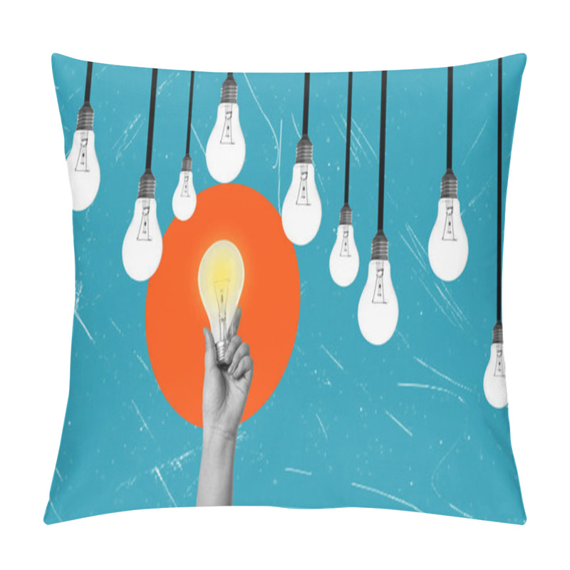 Personality  Creativity And New Ideas In Business. Artistic Collage. A Hand With A Glowing Light Bulb, With Many Light Bulbs Hanging Above. Pillow Covers