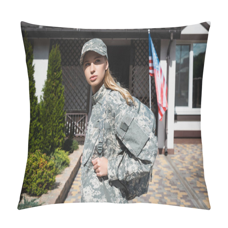 Personality  Confident Military Servicewoman With Backpack Looking Away, While Standing Near House With American Flag Pillow Covers