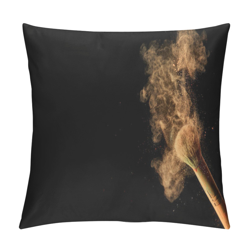 Personality  Cosmetic Brush With Orange Powder Explosion On Black Background With Copy Space Pillow Covers