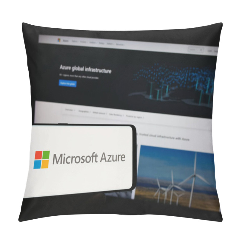 Personality  Stuttgart, Germany - 07-11-2023: Person Holding Mobile Phone With Logo Of Cloud Computing Platform Microsoft Azure On Screen In Front Of Business Web Page. Focus On Phone Display. Pillow Covers