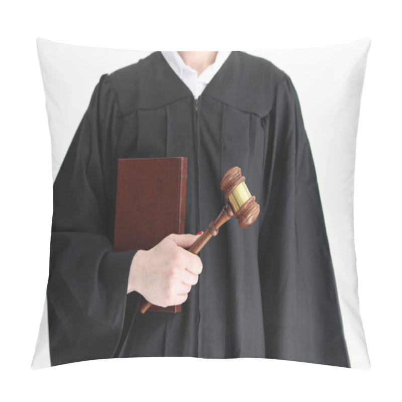 Personality  Woman Judge In Classic Gown Holds Corpus Juris Book And Wooden Mallet In Studio. Public Official Listens Cases In Law Court. Juridical Decision Maker In Law Pillow Covers