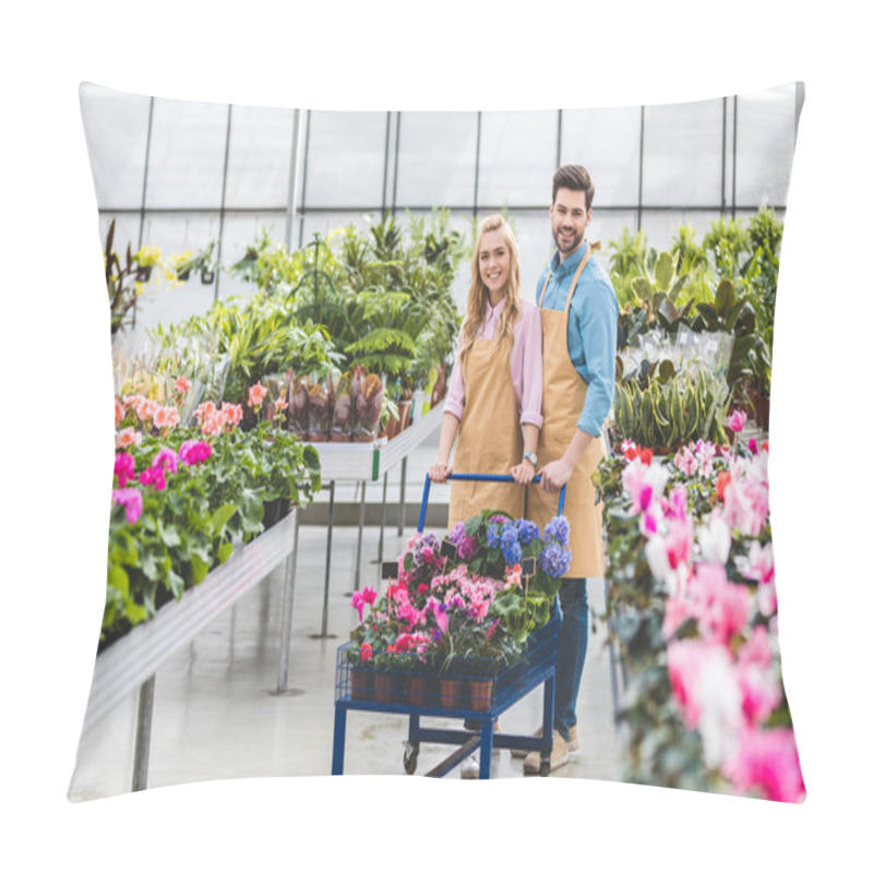 Personality  Smiling Gardeners Holding Cart With Flowers In Glasshouse Pillow Covers