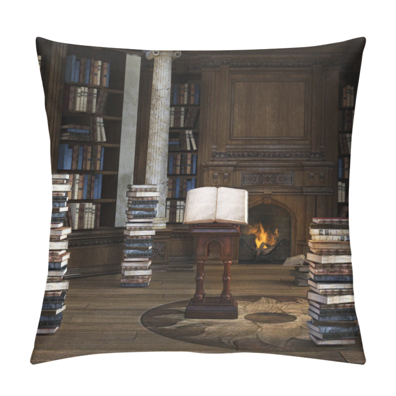 Personality  Library With Piles Of Books And An Open Book On The Reading Desk Pillow Covers