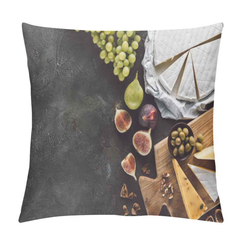 Personality  Top View Of Assorted Cheese, Olives And Fruits On Dark Tabletop Pillow Covers