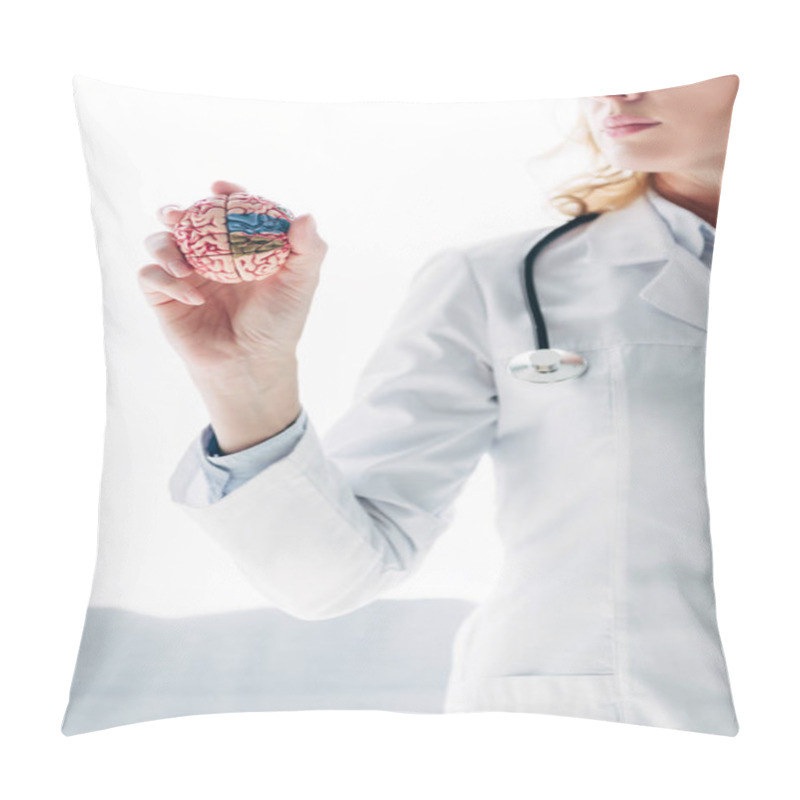 Personality  Cropped View Of Doctor In White Coat Holding Model Of Brain In Clinic  Pillow Covers