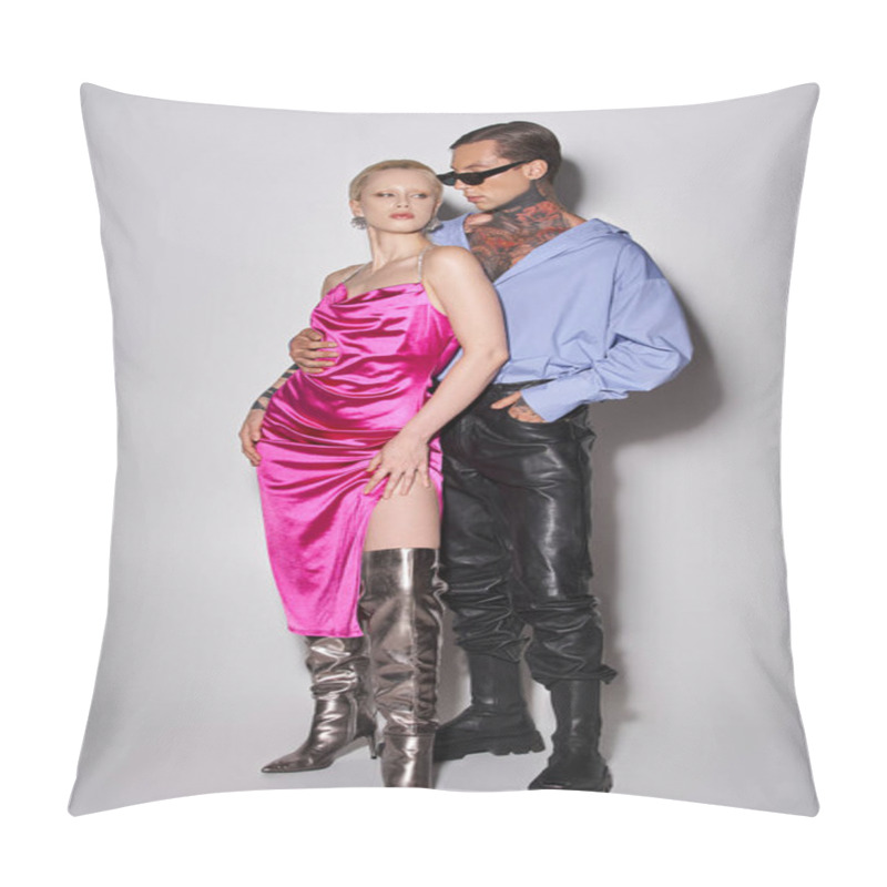 Personality  Fashionable Couple In Trendy Party Attire Posing Together On Grey Backdrop, New Year 2024 Concept Pillow Covers