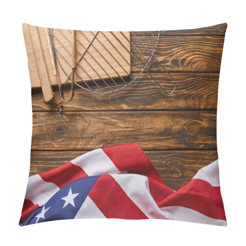 Personality  Top View Of American Flag And Bbq Equipment On Wooden Rustic Table With Copy Space Pillow Covers