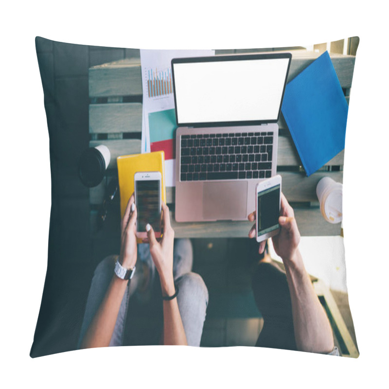 Personality  Top Cropped View Of Millennial Users Connecting To Bluetooth On Modern Palmtop Devices For Sharing Media Files During Remote Collaboration,laptop Computer With Copy Space Area For Internet Advertising Pillow Covers