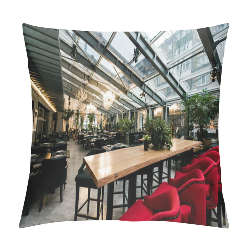 Personality  View Of Stylish Empty Cafe With Arranged Tables And Chairs For Visitors Pillow Covers