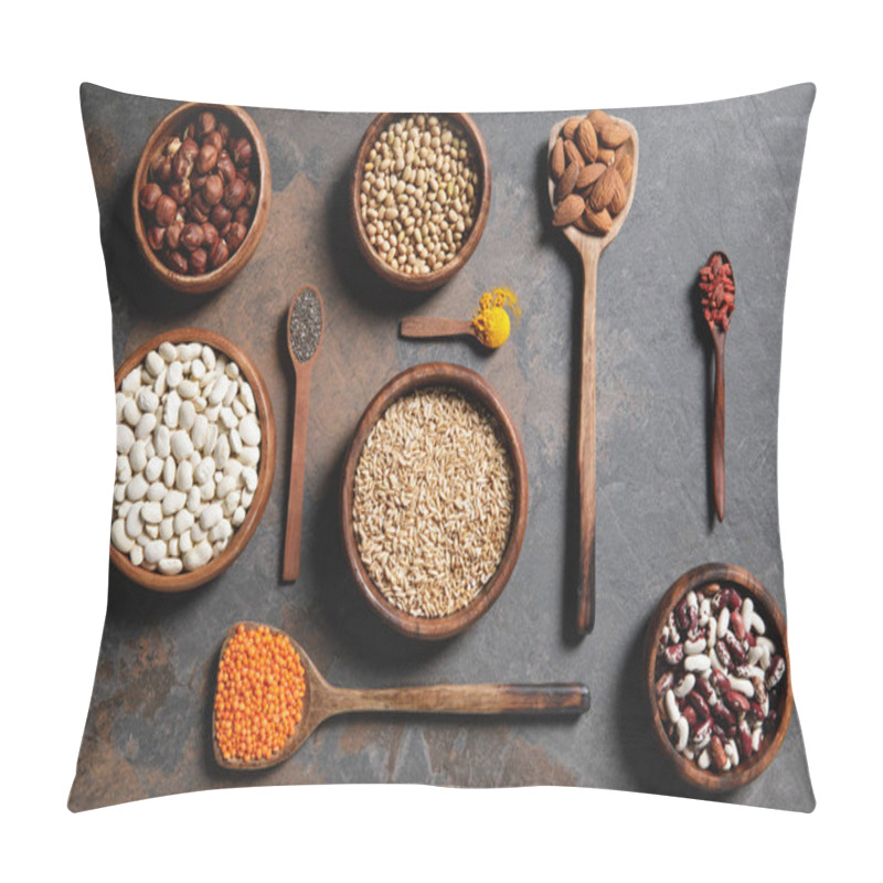 Personality  Flat Lay Of Wooden Bowls And Spoons With Superfoods, Legumes And Grains On Table Pillow Covers