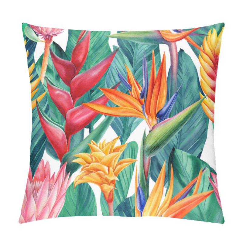 Personality  Seamless Floral Pattern With Tropical Flowers Bromeliad, Strelitzia, Heliconia And Leaves, Watercolor Illustration. Pillow Covers